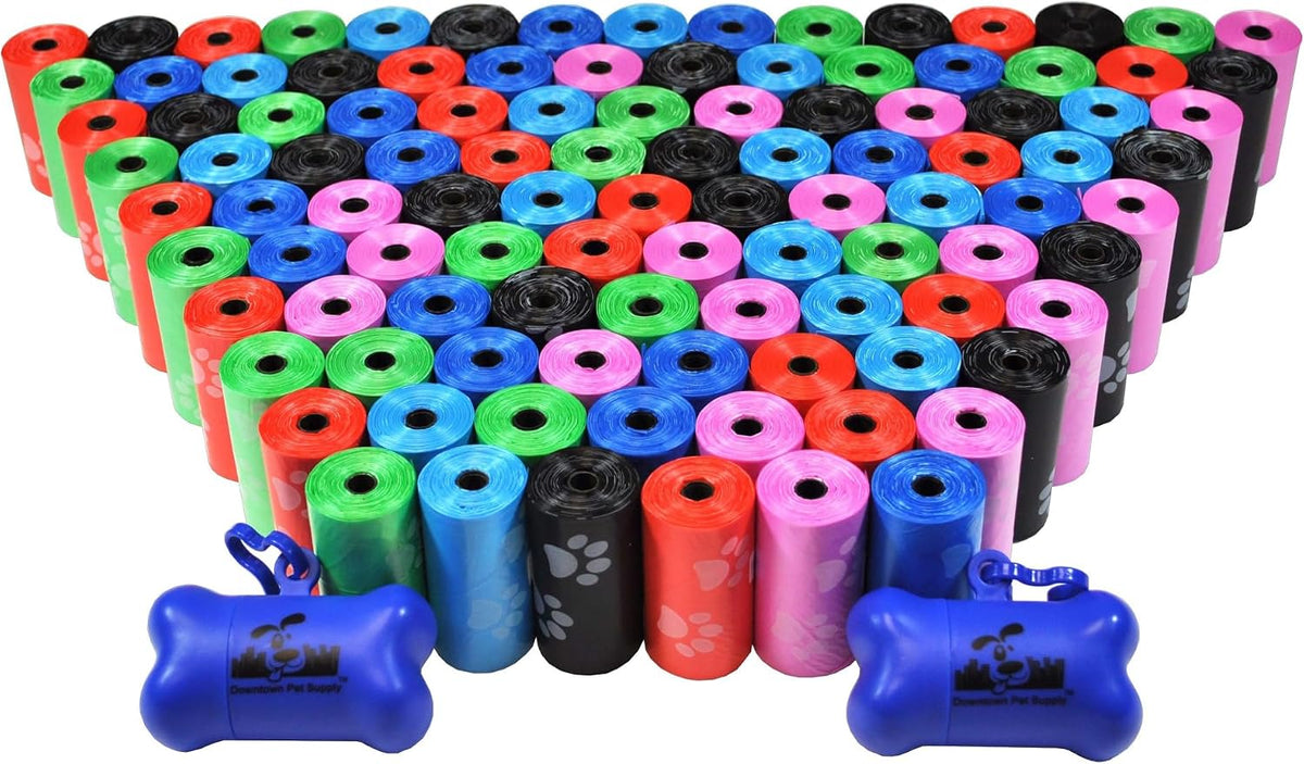 Rainbow Paw Print Poop Bags (2200 CT & 2 Dispensers) - Leak-Proof, Unscented, Clips to Leashes & Harnesses