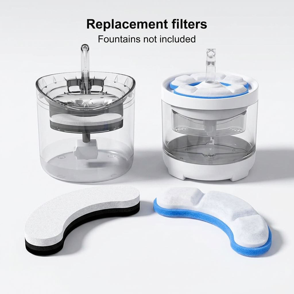 Replacement filters for cat drinking fountains, with fountains shown for usage context. Fountains not included.